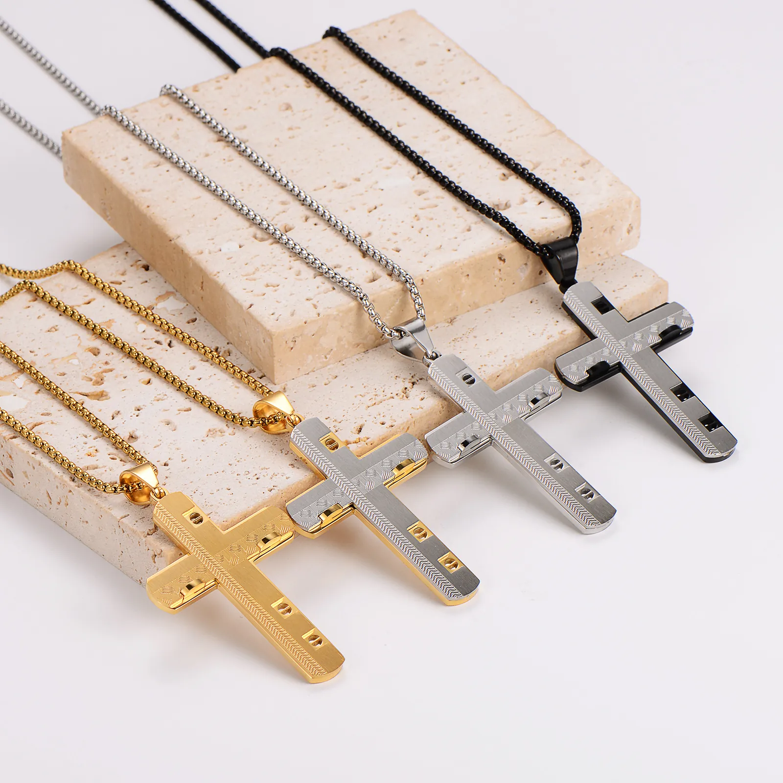 Men Cross Pendant Necklace 304 Stainless Steel 18K Gold Plated Industrial Hip Hop Style Streetwear Jewelry With Box Chain