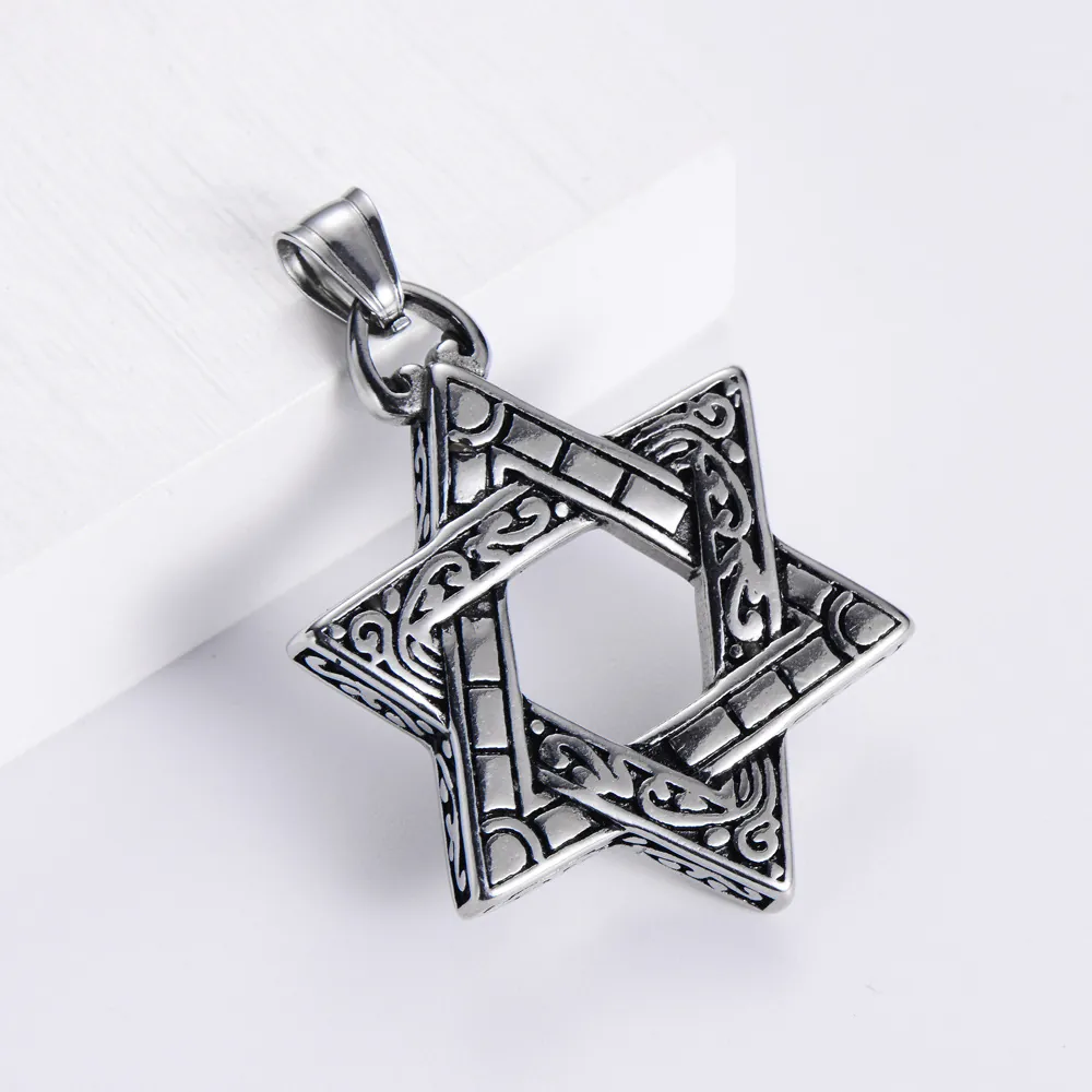Star Of David Hexagram Pendant Necklace 304 Stainless Steel Retro Engraved Floral Pattern Unisex Jewelry