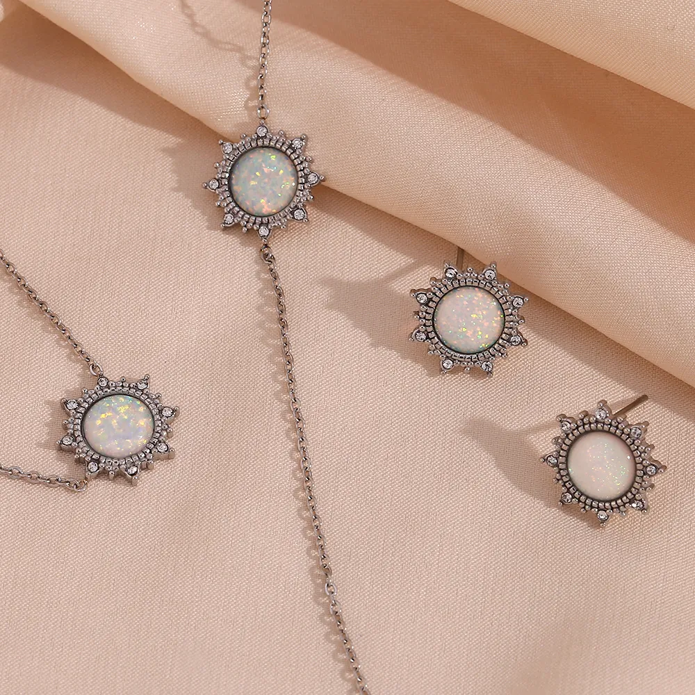 Vintage Stainless Steel Jewelry Collection For Women Sun Pattern Artificial Opal Rhinestone Earrings Bracelet Necklace Accessory
