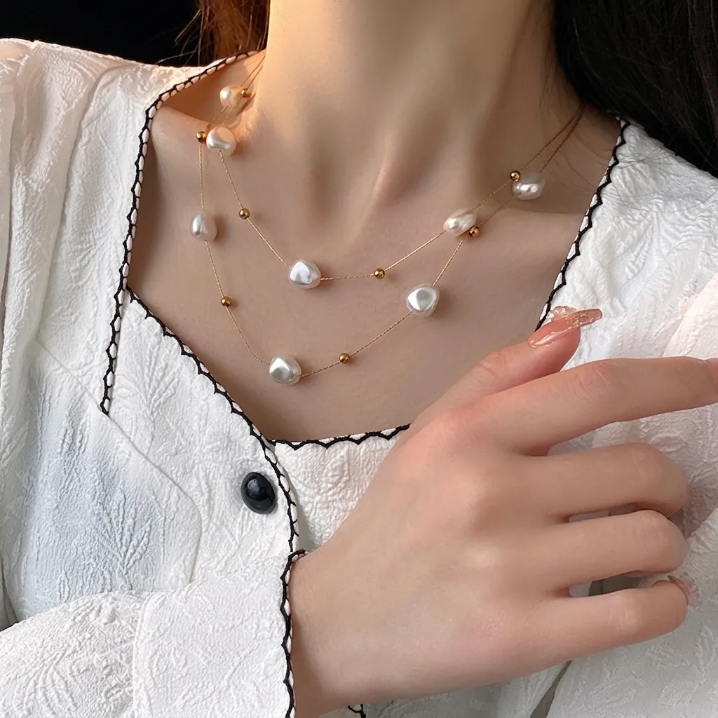Barock Künstliche Perlen Doppelreihige Halskette Edelstahl Vergoldet Elegante Schlüsselbein Kette Vintage Schmuck Für Damen