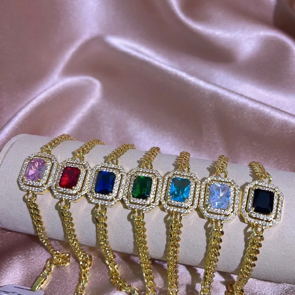 Luxus Armband Mit Quadratischem Edelstein Kupfer 18K Vergoldet Panzerkette Zirkonia Halo Mode Schmuck Für Damen