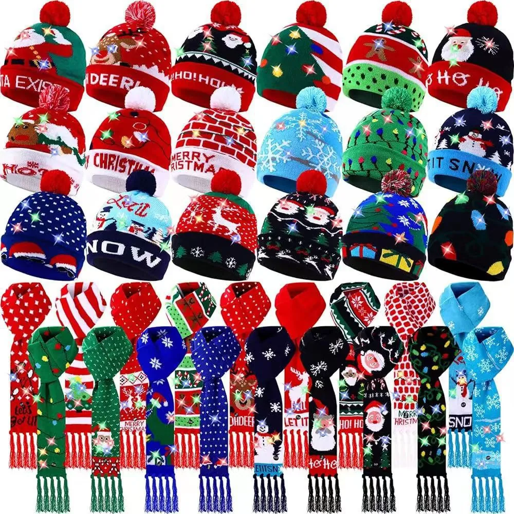 Bonnet Et Écharpe De Noël Lumineux LED Tricot Acrylique Motif Jacquard Accessoire Festif Hiver Adultes Enfants