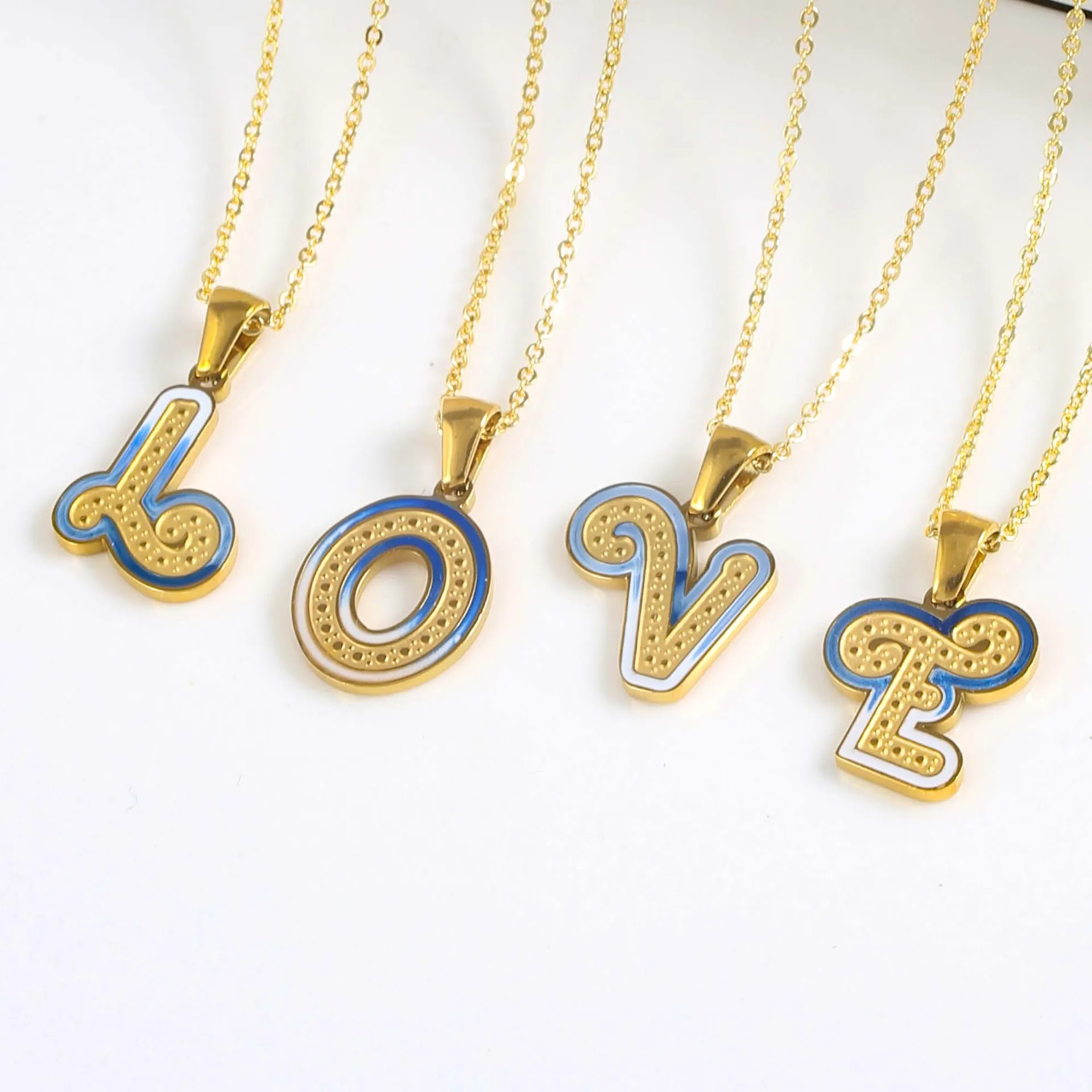 Initial Letter Pendant Stainless Steel Gold Plated Blue White Enamel Minimalist Fashion Jewelry For DIY Necklaces