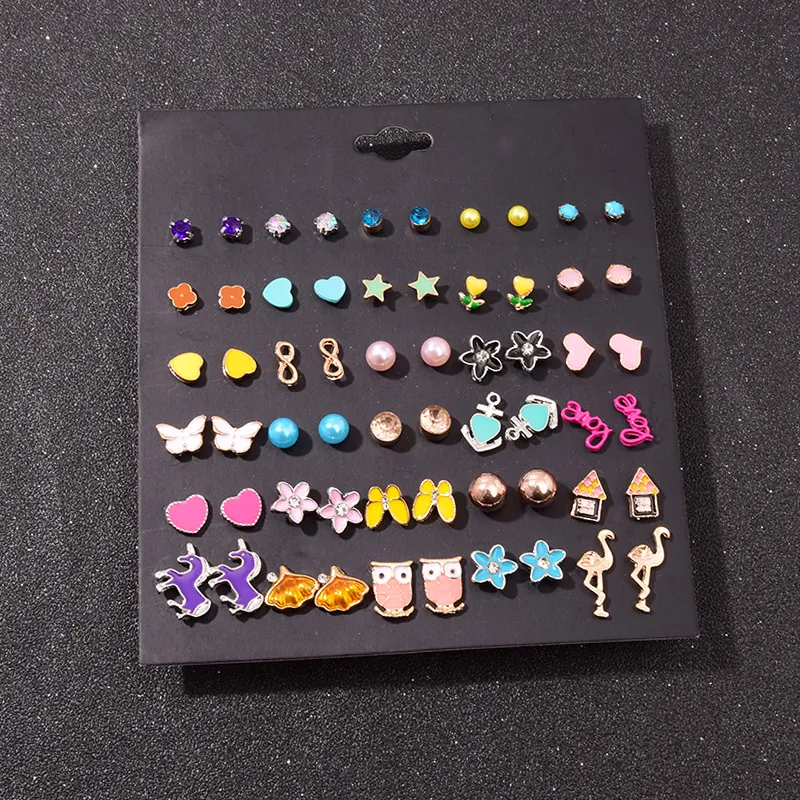 Colorful Alloy Enamel Rhinestone Stud Earrings Flamingo Heart Owl Animal Geometric Fashion Jewelry For Women With Steel Earring Post
