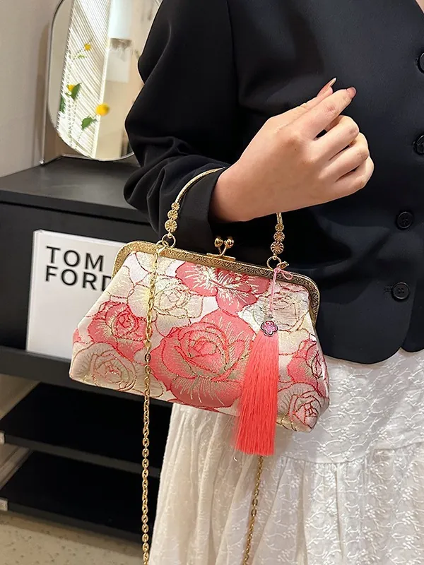 Retro Floral Embroidery Evening Bag Kiss Lock Brocade Handbag With Metal Chain And Tassel For Women Party