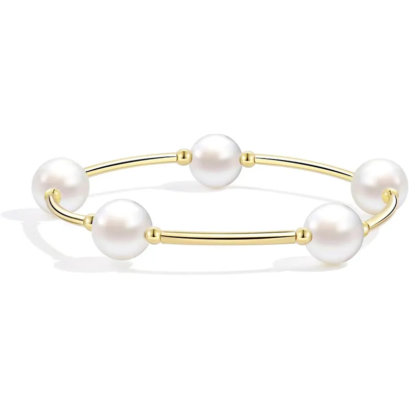 Elegant Imitation Artificial Pearl Elastic Bracelet Curved Tube Gold Or Silver Plated Stackable Bangle Jewelry For Women Gift