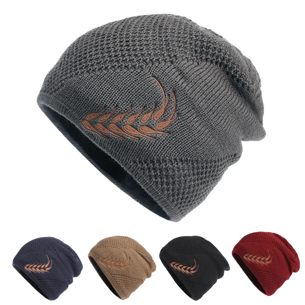 Winter Beanie Hat Knit Acrylic Fleece Lined Warm Thick Embroidered Wheat Ear Leaf Pattern Windproof Outdoor Unisex