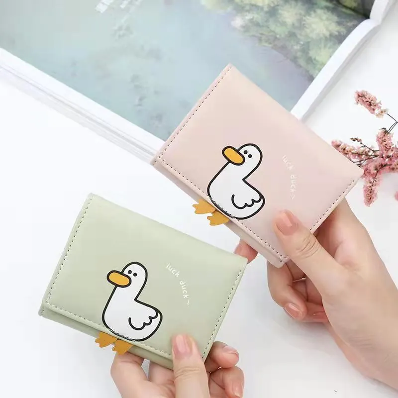 Cute Cartoon Duck Print Women Trifold Wallet PU Leather Short Coin Purse Card Holder With Photo Window Sweet Style For Girls