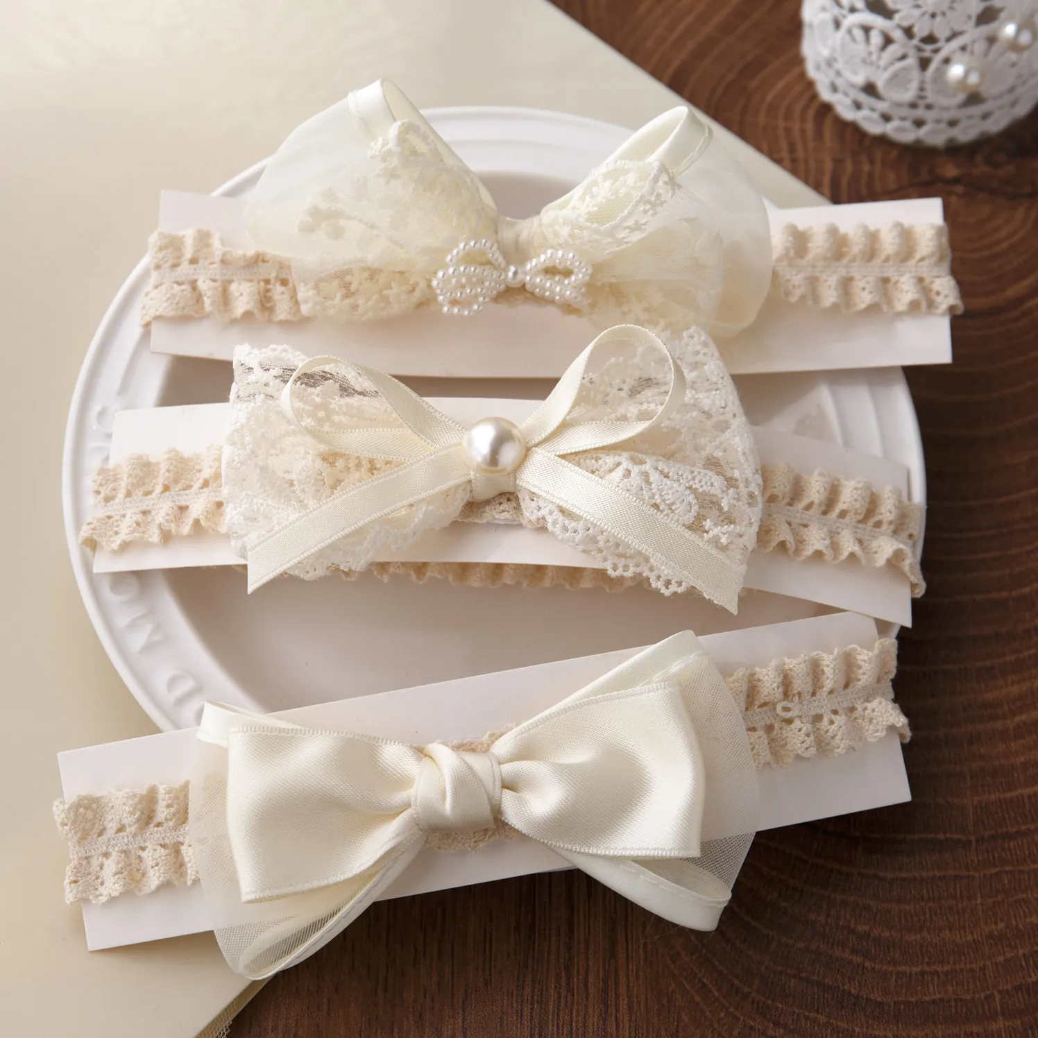 Bandeau Bébé Dentelle Maille Satin Noeud Avec Fausse Künstliche Perle Bandeau Élastique Style Coréen Pour Bébé Filles Princesse