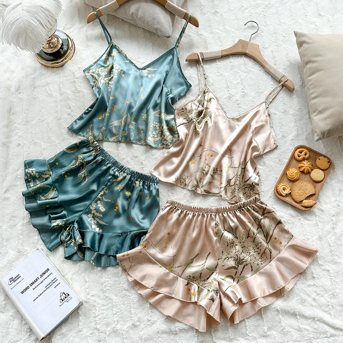 Women Satin Pajamas Camisole Top And Ruffle Shorts Floral Print Sleeveless V-Neck Sleepwear Summer Loungewear