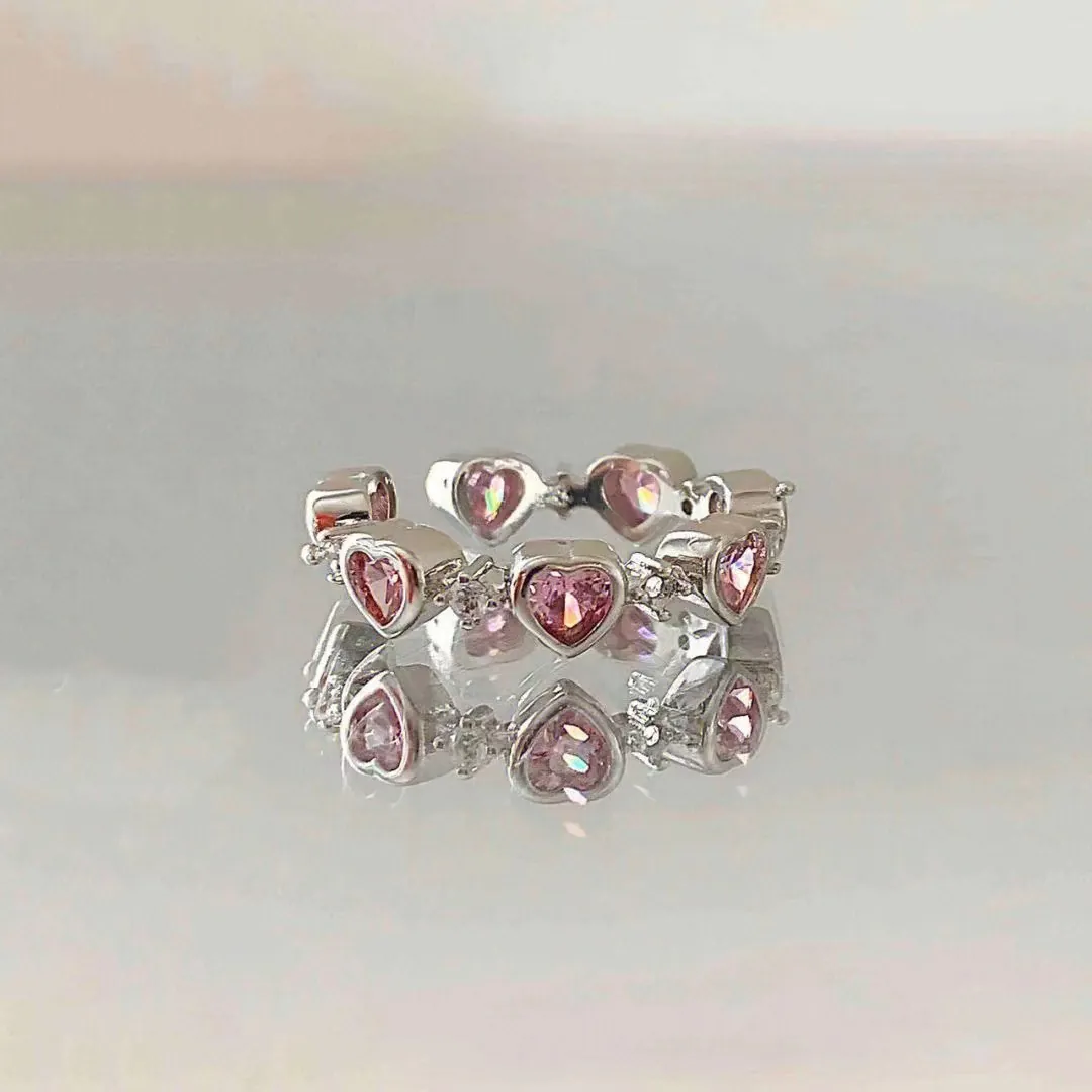 Heart Shaped Pink Zirconia Ring Silver Color Adjustable Open Design Vintage Sweet Fashion Jewelry For Women