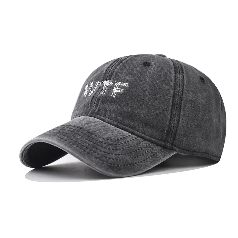 Vintage Washed Cotton Distressed Baseball Cap With WTF Embroidery Adjustable Curved Brim Outdoor Sun Hat Men Women