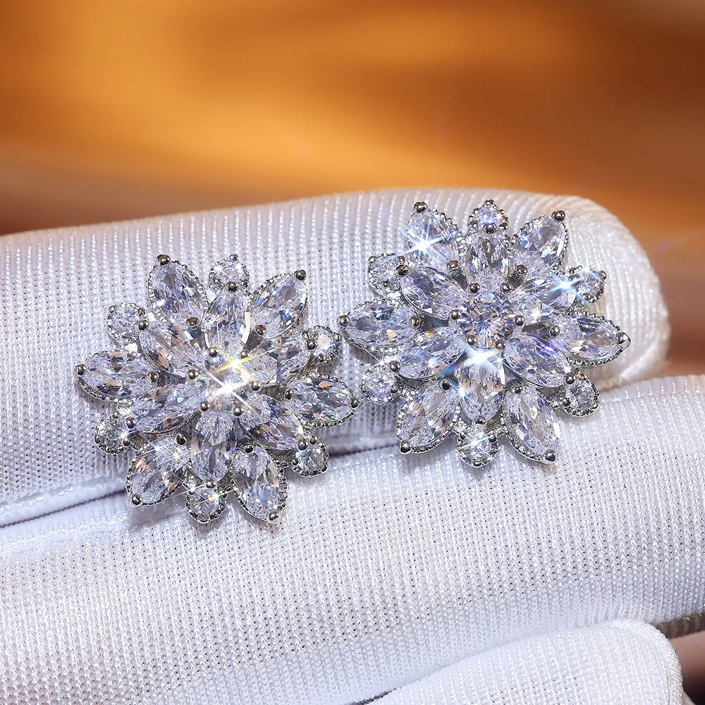 Luxury Copper Rhinestone Sun Flower Stud Earrings For Women Silver Rose Gold Plated Double Layer Flower Wedding Jewelry Gift