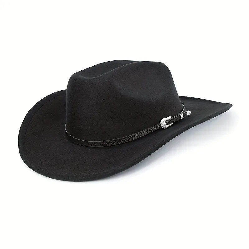 Vintage Western Cowboy Hat For Women Men Retro Cotton Felt Wide Brim Jazz Fedora Hat With Leather Band Metal Buckle Outdoor Sun Hat