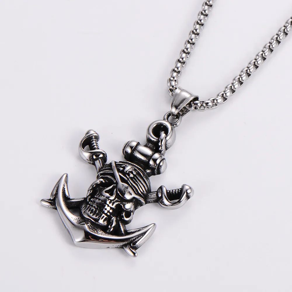 Pirate Skull Anchor Pendant Necklace Stainless Steel Gothic Punk Nautical Cross Swords Hip Hop Jewelry For Men