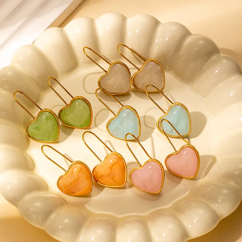 Korean Sweet Stainless Steel Heart Drop Earrings For Women Resin Marble Texture Dangle Earrings Elegant Fashion Jewelry Gift