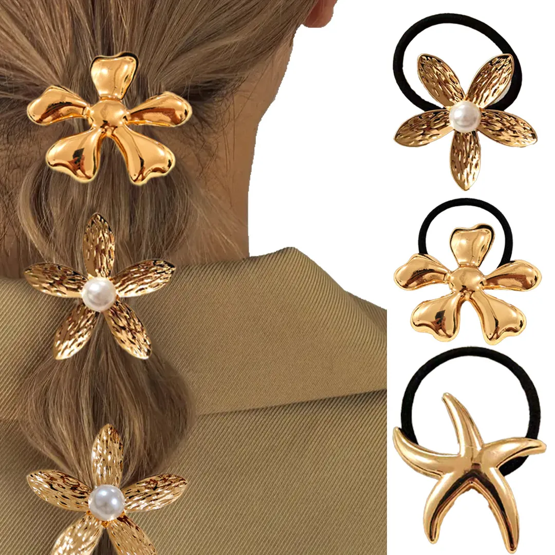 Metal Alloy Hair Ties Elastic Hair Bands Gold Silver Tone Flower Starfish Seashell Design Minimalist For Women