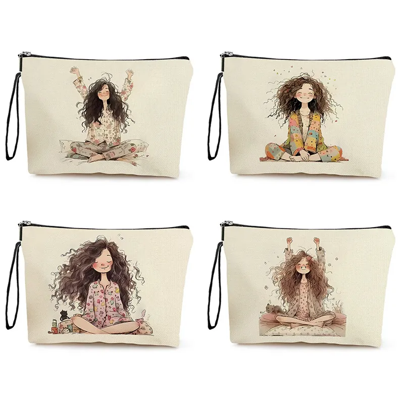 Trousse De Maquillage En Lin Avec Dragonne Grande Capacité Fermeture Éclair Imprimé Fille Artistique Organisateur De Voyage