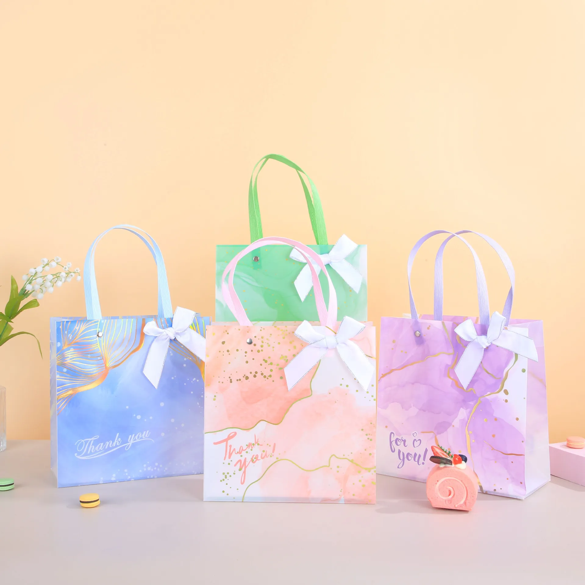 Sacs Cadeaux Givrés Macaron Avec Nœud Motif Marbre Sacs De Fête Imprimé Thank You Imperméable Portable