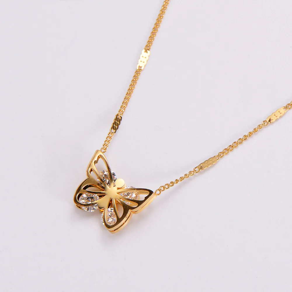 Elegant Butterfly Pendant Necklace 316L Stainless Steel With Sparkling Zircon Inlay Hollow Design Jewelry For Women