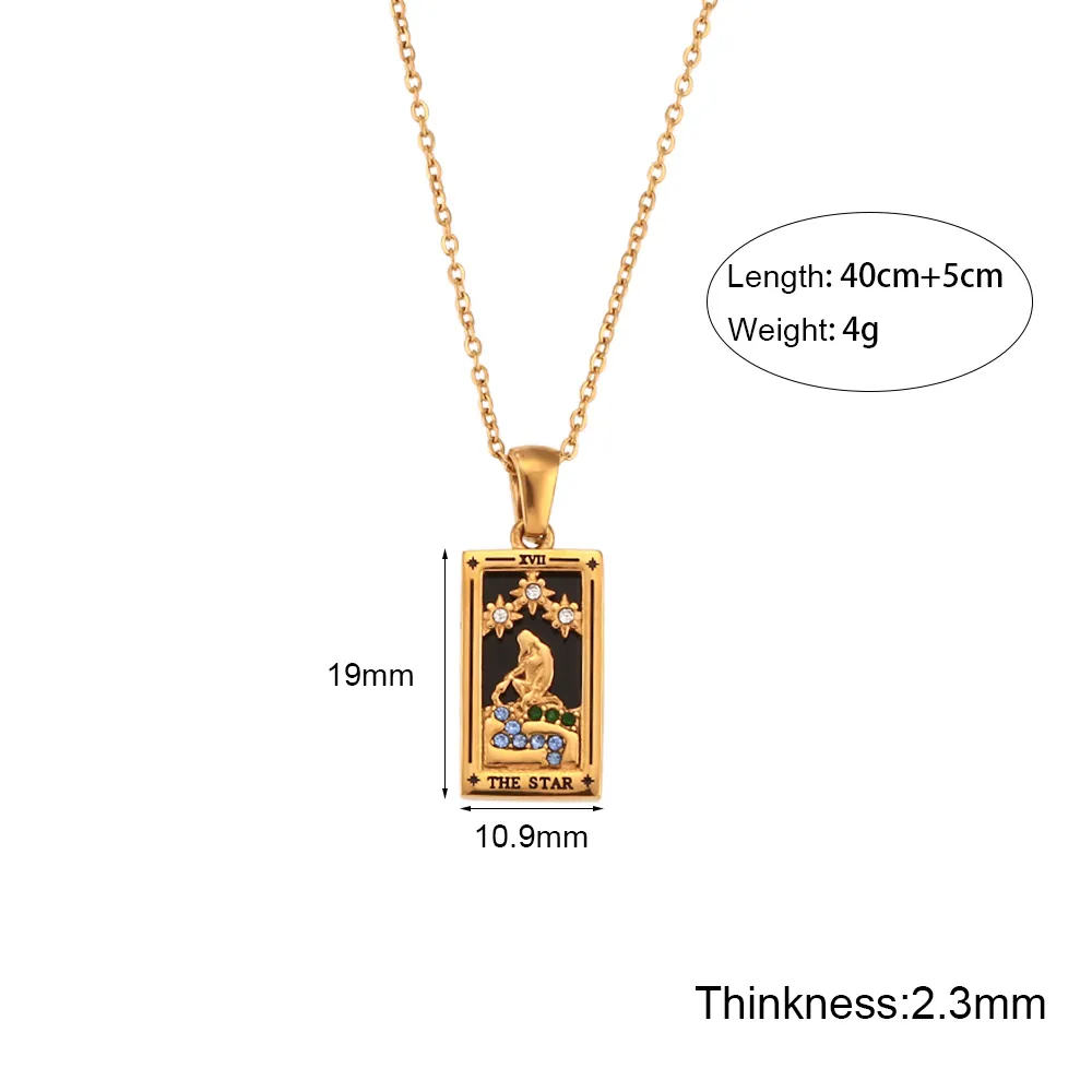 Tarot Card Pendant Necklace Stainless Steel Zircon Enamel Shell Vintage Celestial Rectangular Jewelry For Women
