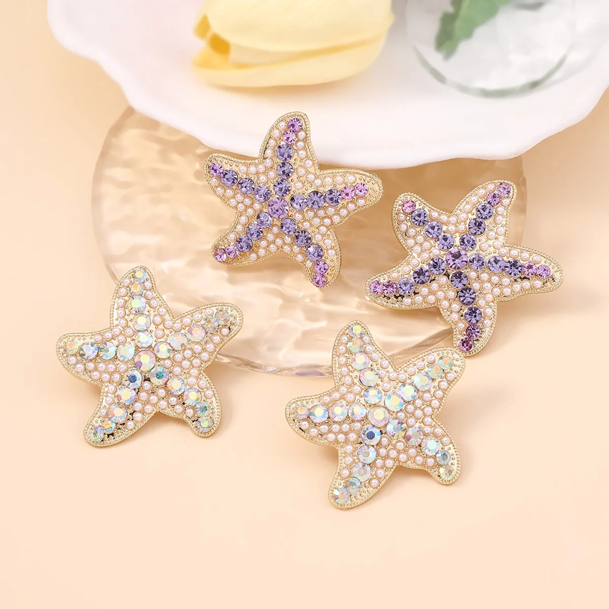 Boucles Oreilles Étoile De Mer Alliage Zinc Strass Fausse Künstliche Perle Style Océan Été Bijoux Mode Pour Femmes