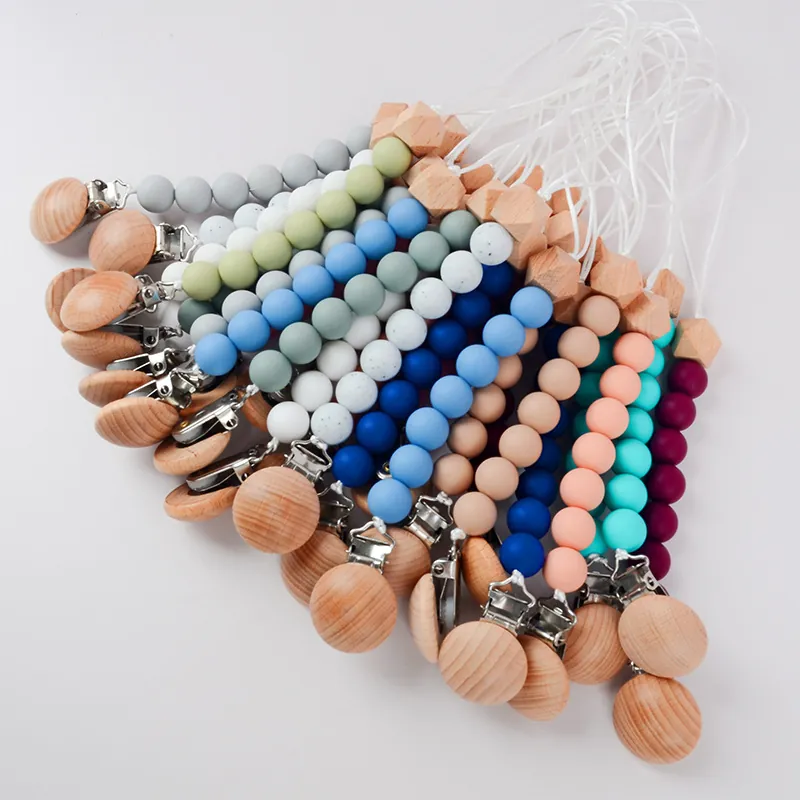 Baby Pacifier Clip Silicone Teether Chain Beech Wood Beads BPA Free Soother Holder For Newborn Boys Girls