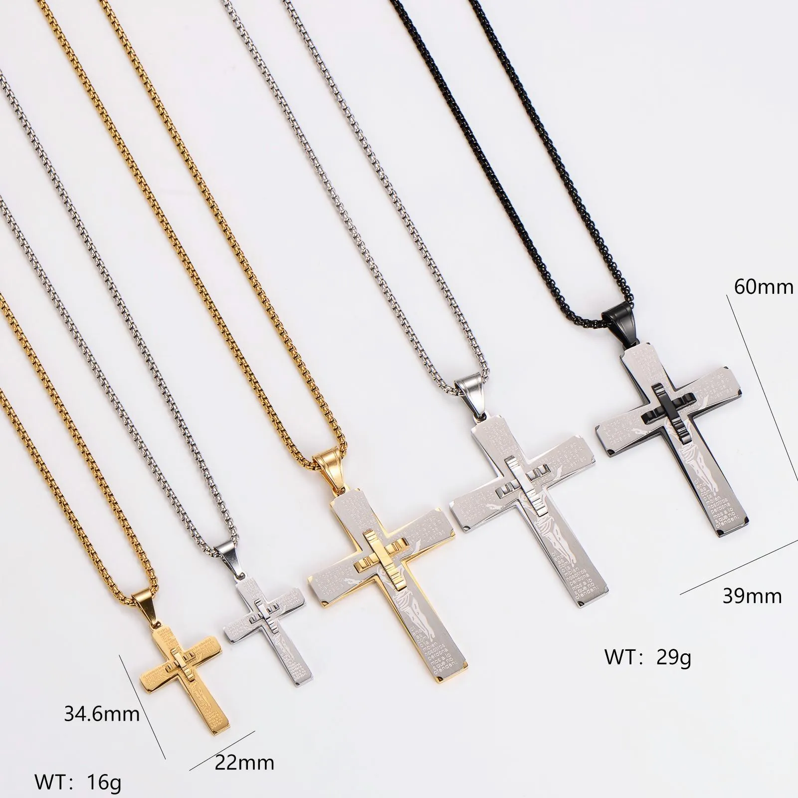 Stainless Steel Cross Pendant Necklace Engraved Spanish Lord's Prayer Jesus Portrait Double Layer Vintage Religious Jewelry