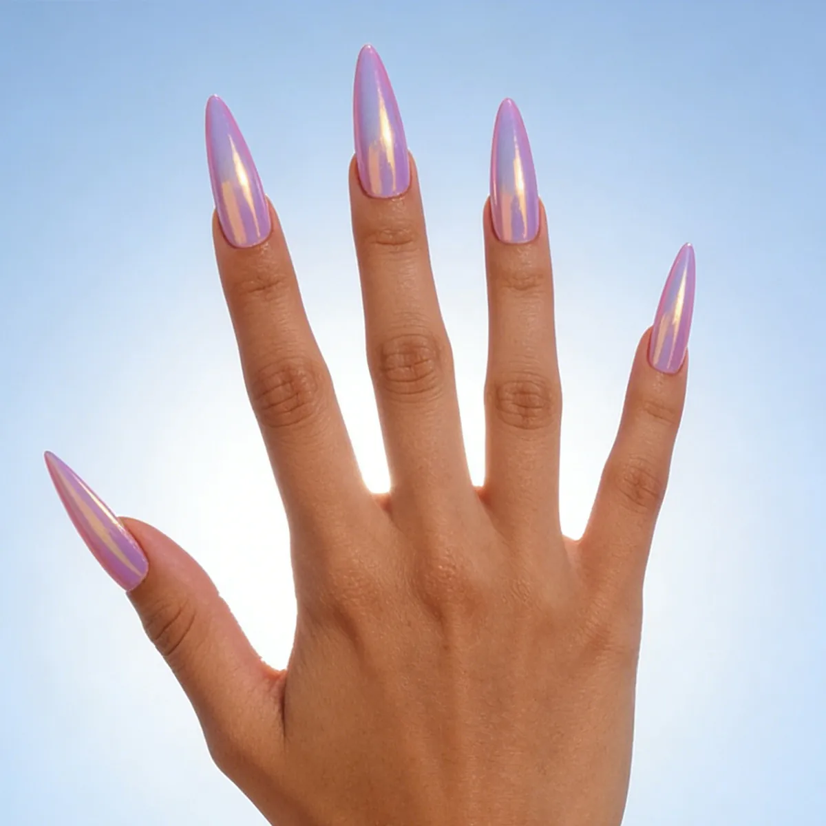 Stiletto Press On Nails Mirror Chrome Effect Metallic Pink Purple Aurora Electroplated ABS Glossy Artificial Fingernails