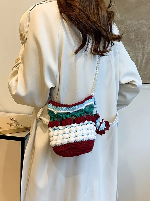 Handmade Crochet Bucket Bag Yarn Knit Cherry Artificial Pearl Strap Contrast Color Crossbody Sweet For Women