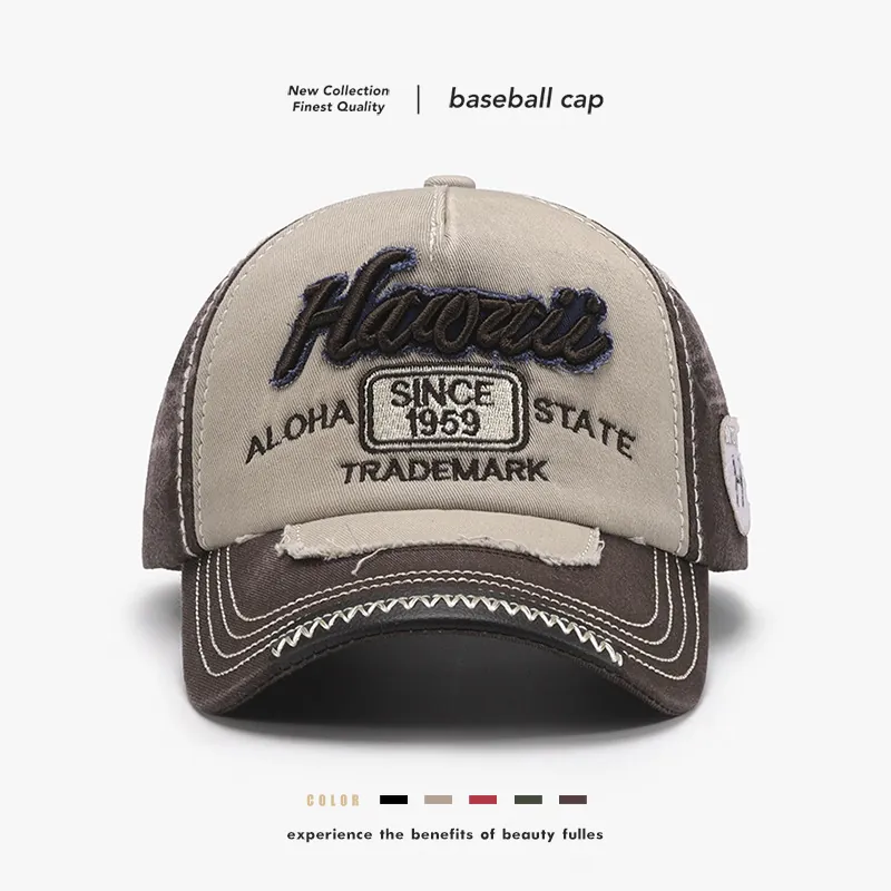 Hawaii Letter Embroidery Baseball Cap Distressed Frayed Edge Pure Cotton Adjustable Patchwork Retro Unisex Sun Hat