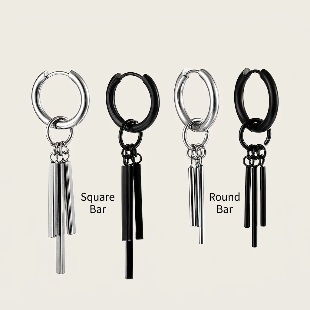 Stainless Steel Dangle Drop Earrings Industrial Punk Geometric Bar Pendants Hoop Stud Clip Non Pierced Unisex Minimalist