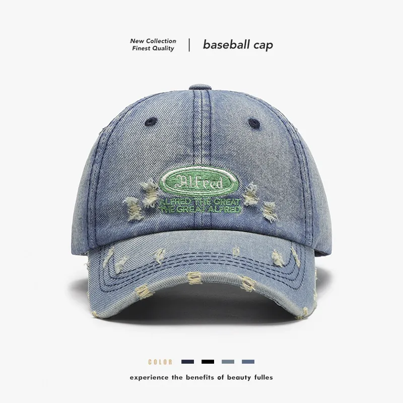 Distressed Washed Denim Baseball Cap Vintage Broken Hole Letter Embroidery Adjustable Curved Brim Casual Unisex Hat