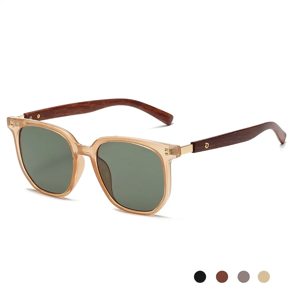 Vintage Square Sunglasses With Wood Texture Temples UV400 Protection Oversized PC Metal Frame Fashion Eyewear For Men Women