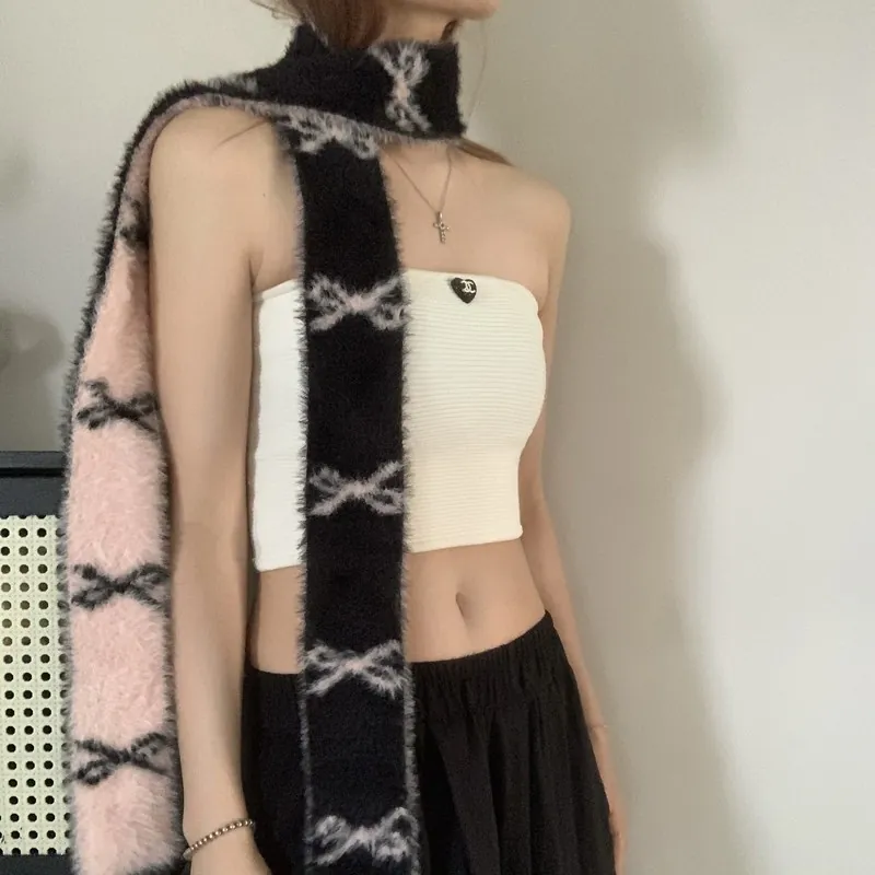 Korean Style Bow Pattern Thin Scarf Knitted Polyester Plush Winter Warm Long Neck Wrap For Women Sweet Cool Y2K Streetwear