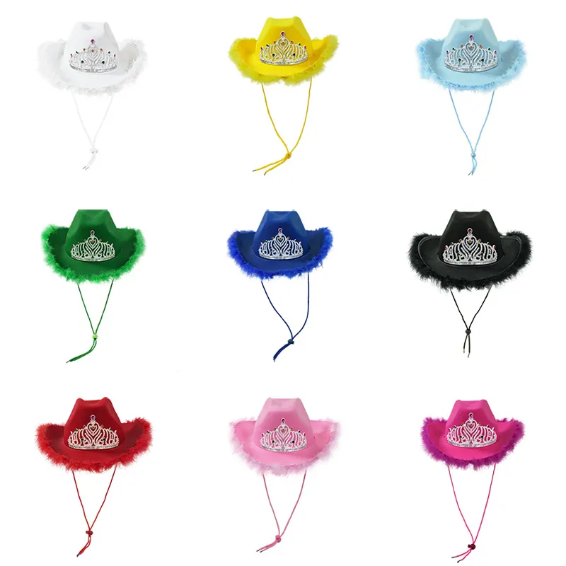 Western Cowboy Hat Felt With Silver Tiara Crown Colorful Rhinestone Feather Trim Adjustable Rope For Party Cosplay Women Girls