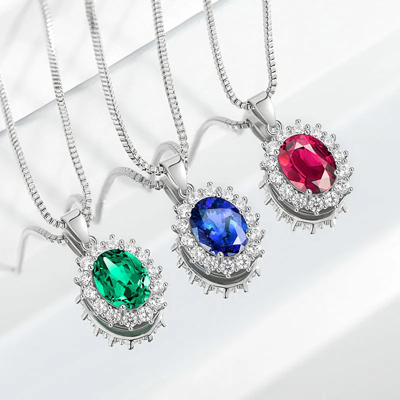 Vintage Royal Oval Gemstone Pendant Necklace Elegant Copper Zirconia Halo Necklace For Women Wedding Party Jewelry Gift