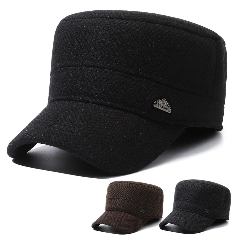 Men Winter Woolen Herringbone Cadet Cap With Ear Flaps Warm Fleece Lined Flat Top Hat Military Style Adjustable