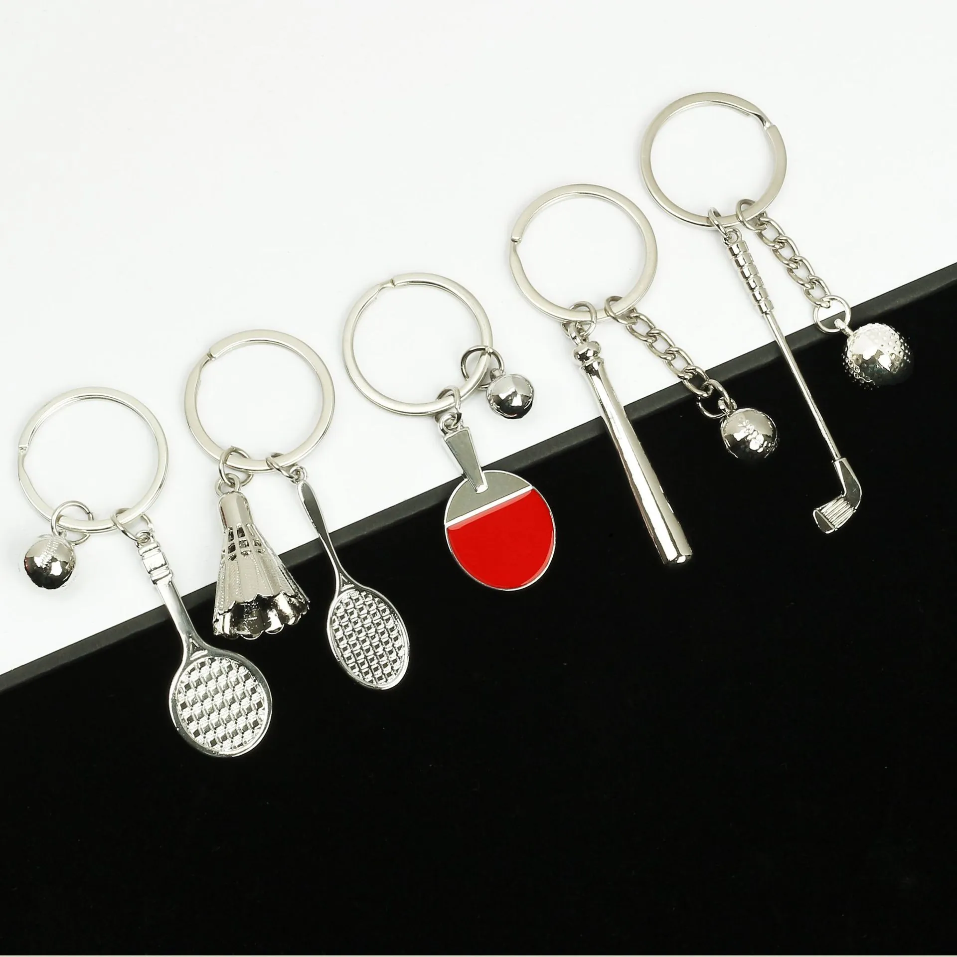 Sports Themed Metal Keychain Zinc Alloy Badminton Ping Pong Tennis Football Basketball Golf Baseball Bat Pendants Gift For Fans