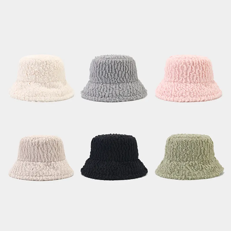 Women Winter Warm Lamb Wool Bucket Hat Solid Color Plush Thickened Windproof Sunshade Basin Hat For Outdoor Casual