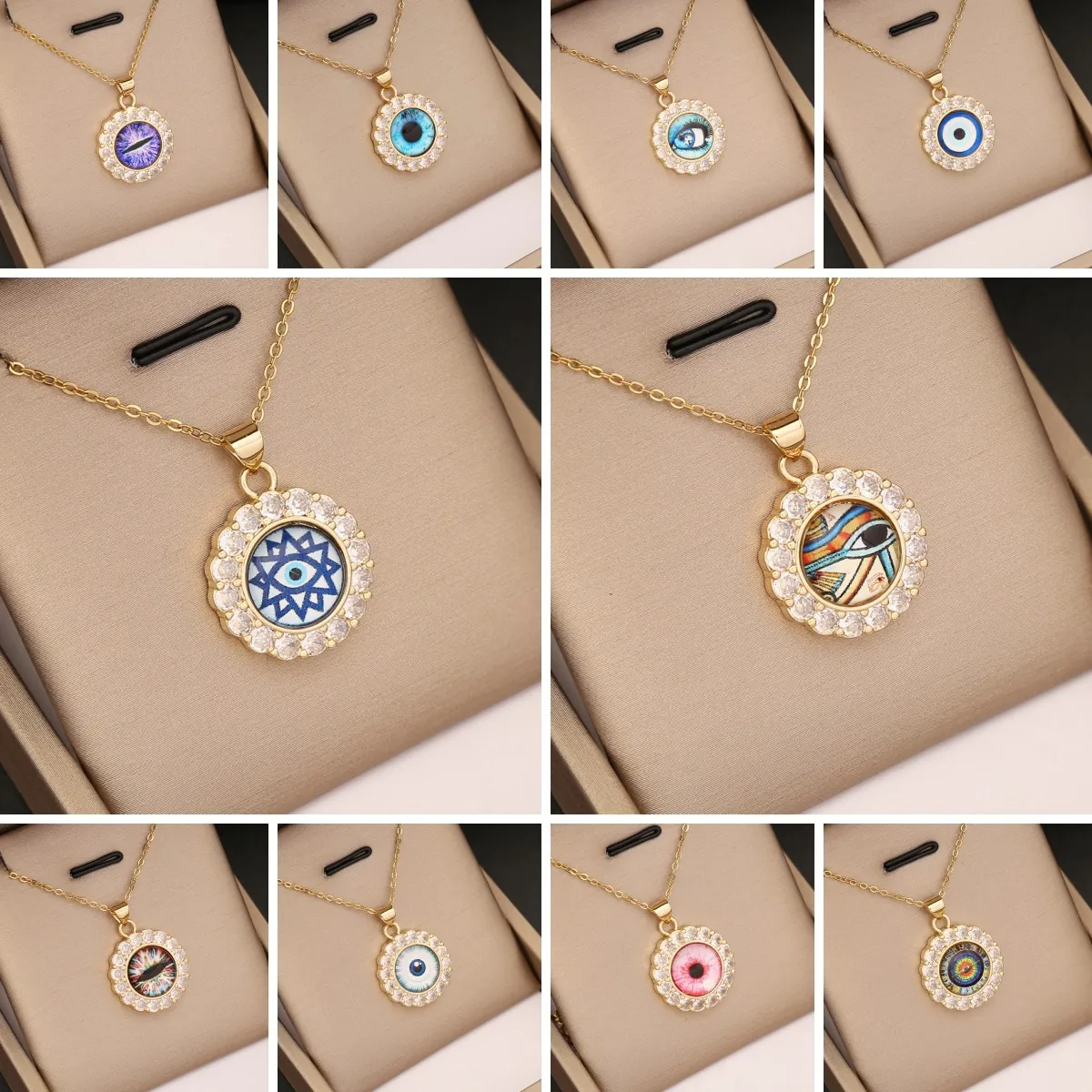 Evil Eye Anhänger Halskette Kupfer 18K Vergoldet Mikro Pave Zirkonia Rund Personalisierter Schmuck Für Frauen