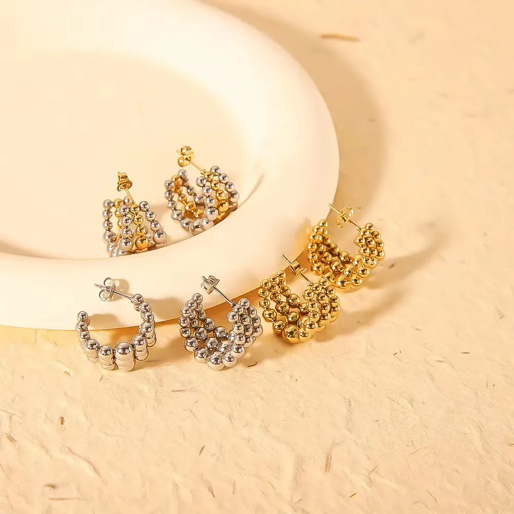 Stainless Steel 18K Gold Plated C Shaped Beaded Hoop Earrings For Women Trendy Ball Stud Earrings Fashion Jewelry