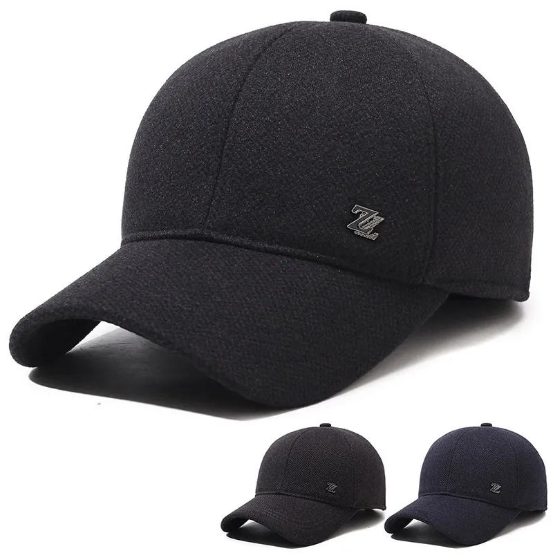 Men Winter Baseball Cap Woolen Fleece Lined Warm Ear Protection Windproof Adjustable Outdoor Hat For Father