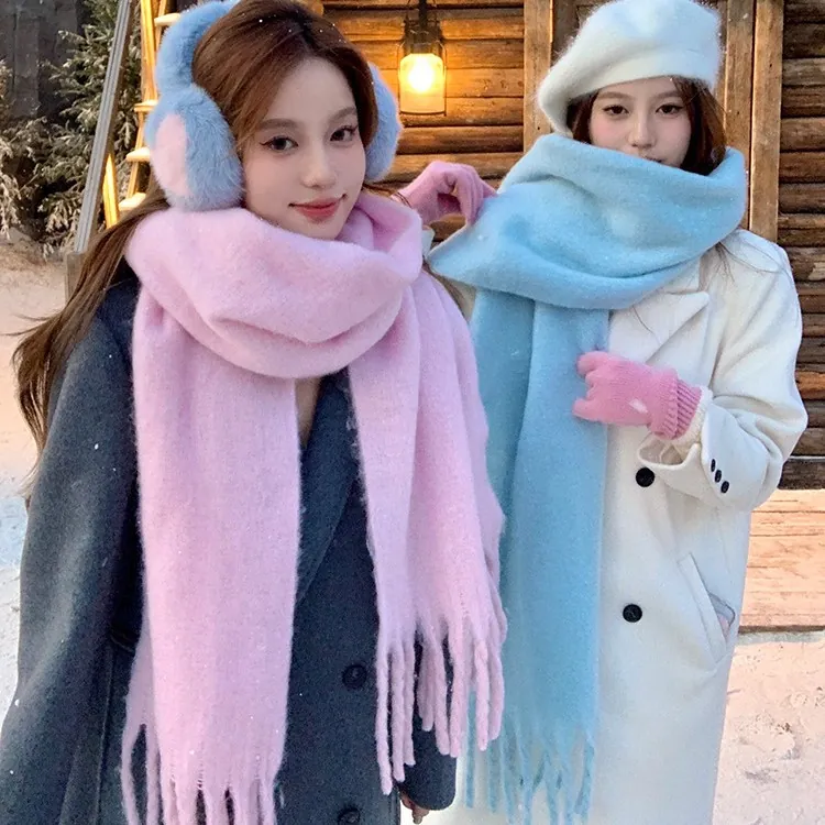 Women Thick Warm Winter Scarf Plaid Tassel Soft Mohair Feel Knit Neck Scarf Polyester Long Wrap Shawl For Outdoor Daily