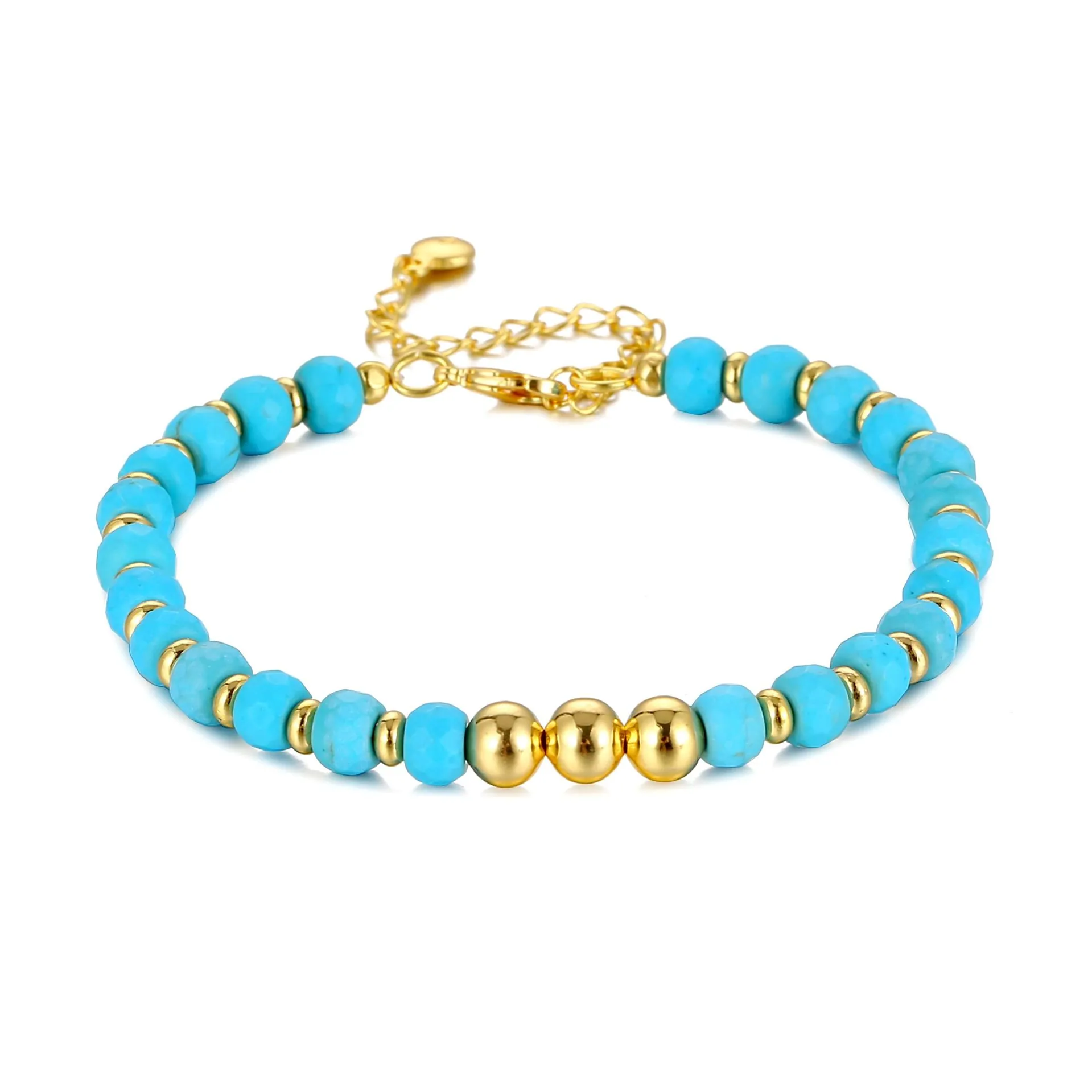 Women Stainless Steel Beaded Bracelet Synthetic Turquoise Blue Beads Golden Tube Adjustable Fashion Jewelry Accessory