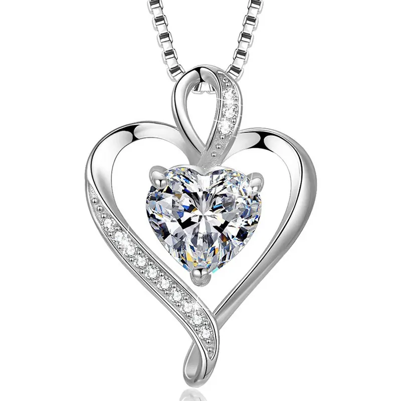 925 Sterling Silver Heart Pendant Necklace With Heart Cut Cubic Zirconia Elegant Intertwined Romantic Jewelry Gift Women