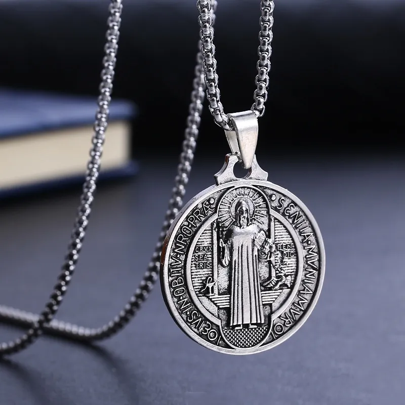 Saint Benedict Medal Pendant Necklace Stainless Steel Religious Protection Jewelry Vintage Gift For Men Women
