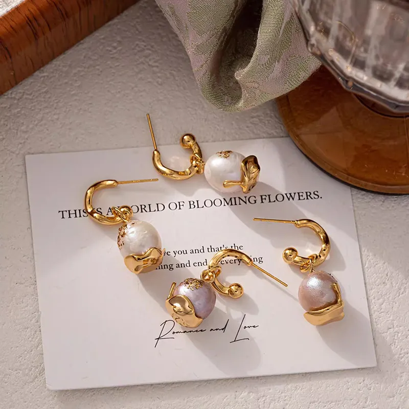 French Vintage Copper Natural Pearl Drop Earrings With 925 Sterling Silver Post Gold Foil Baroque Pearl Earrings For Women