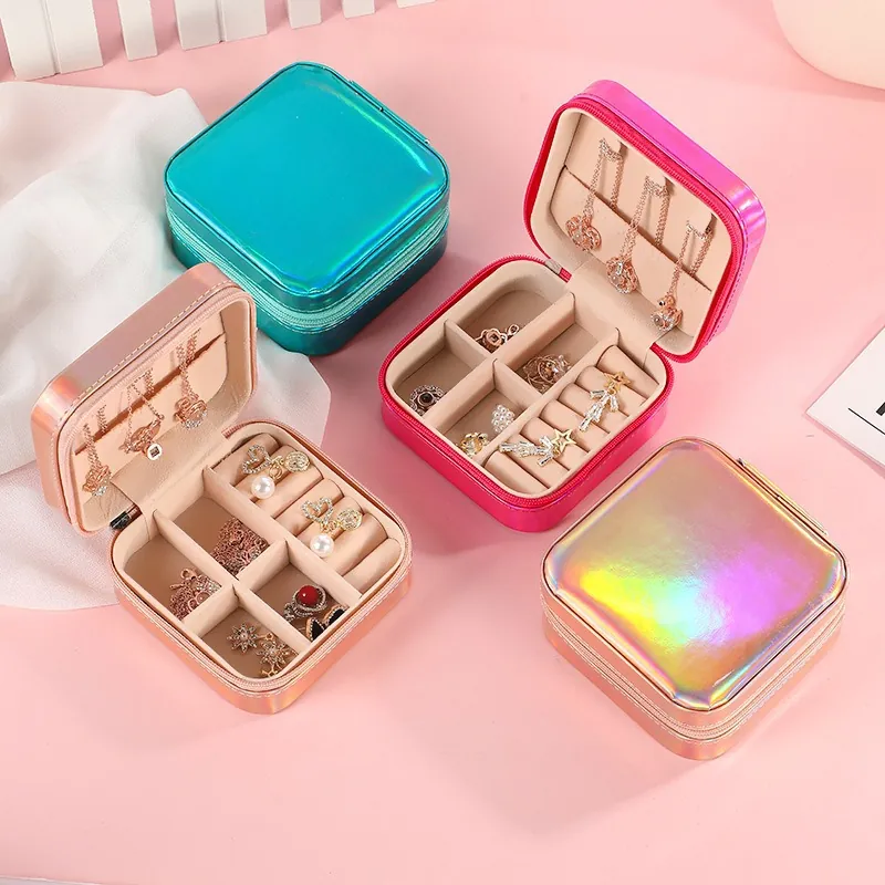 Portable Jewelry Box PU Leather Velvet Lining Holographic Finish Zipper Mirror Travel Organizer Small Mini Simple Elegant