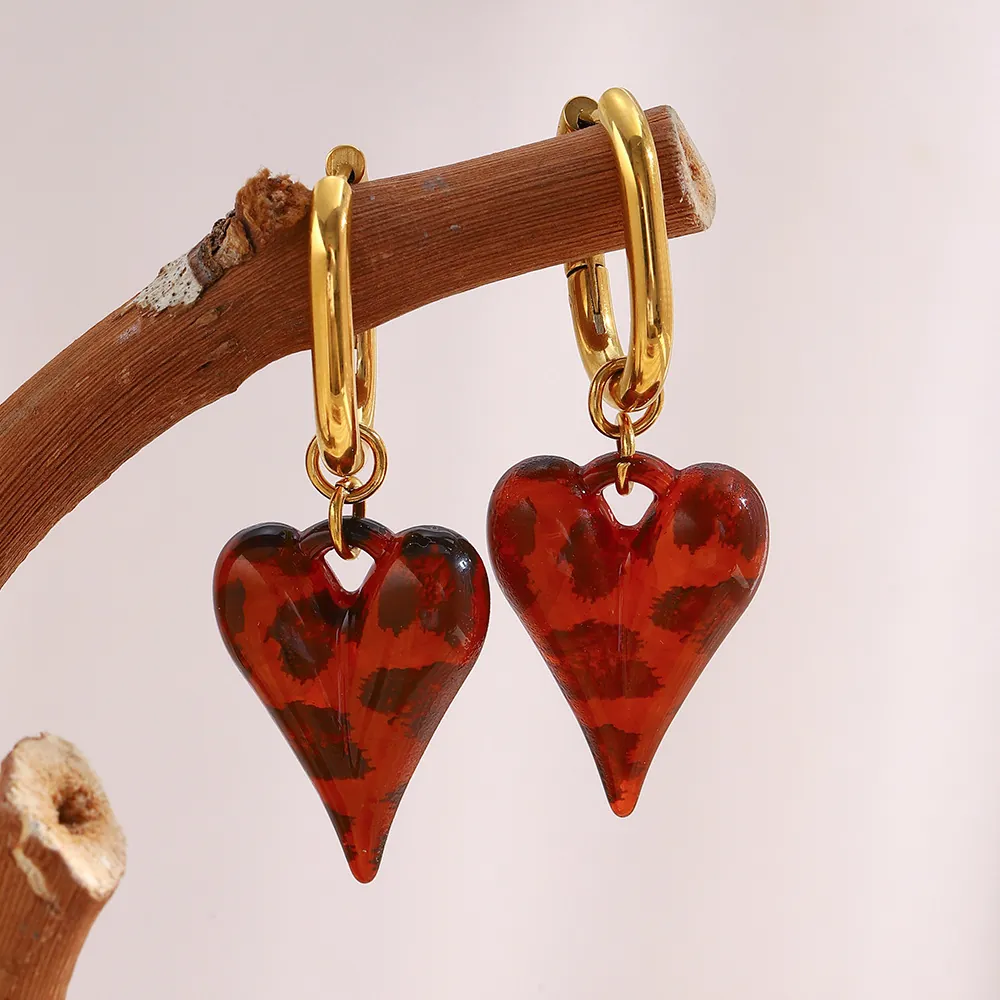 Orecchini Pendenti Cuore A Forma Di U Placcati Oro 18K Acciaio Inossidabile Acrilico Leopardo Retrò Da Donna